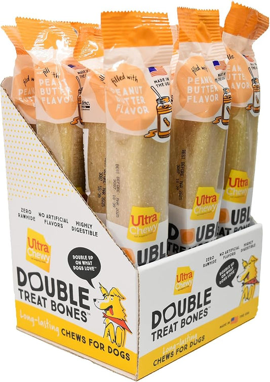 Ultra Chewy Peanut Butter Double Treat Bones: Long-Lasting Dog Treats Made in USA for Large and Small Breeds, Highly Digestible, Ideal for Aggressive Chewers (12 Count)