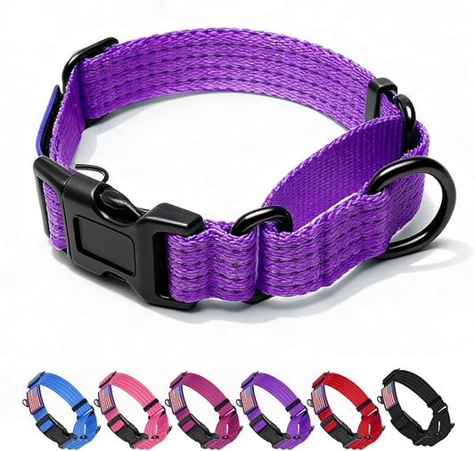 Martingale Dog Collar, Reflective No Pull Training Collar with Quick Release Buckle & USA Flag, Heavy-Duty Nylon, Adjustable for Small Medium Large Dogs (L,Purple with Flag