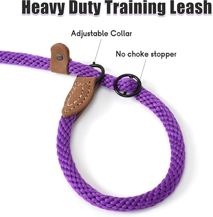 Mile High Life Slip Leads for Dogs | Heavy Duty Dog Training Leash | 4 Feet No Pull Slip Leashes w Leather Tip | Purple Rope Lead for Dogs Outside