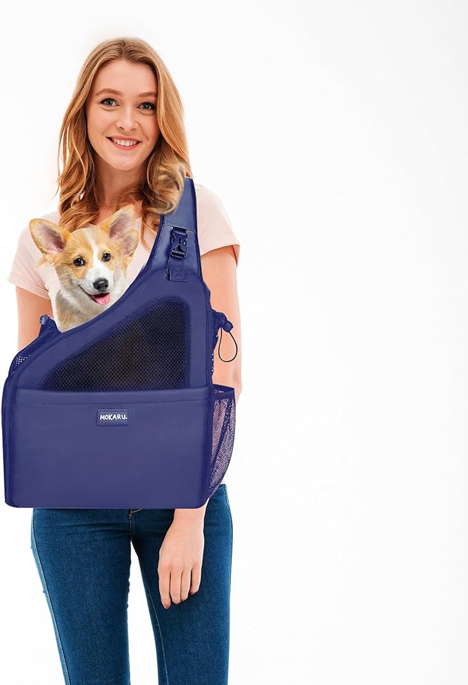 Small Dog Sling Carrier Bag, Hands-Free Dog Carrier Sling with Safety Buckle, Breathable Mesh, Adjustable Strap, Padded Back, Storage Pockets, Pet Carrier for Dogs, Cats, Puppies up to 8–10 lbs