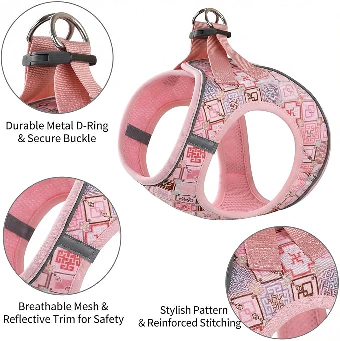 Step in Dog Harness and Leash Set, Reflective Adjustable No Pull Dog Harness for Extra-Small/Small Dogs Puppy and Cats, Soft Padded Mesh Vest Harnesses for Girl and Boy Pets(Pink Grid,XXS)