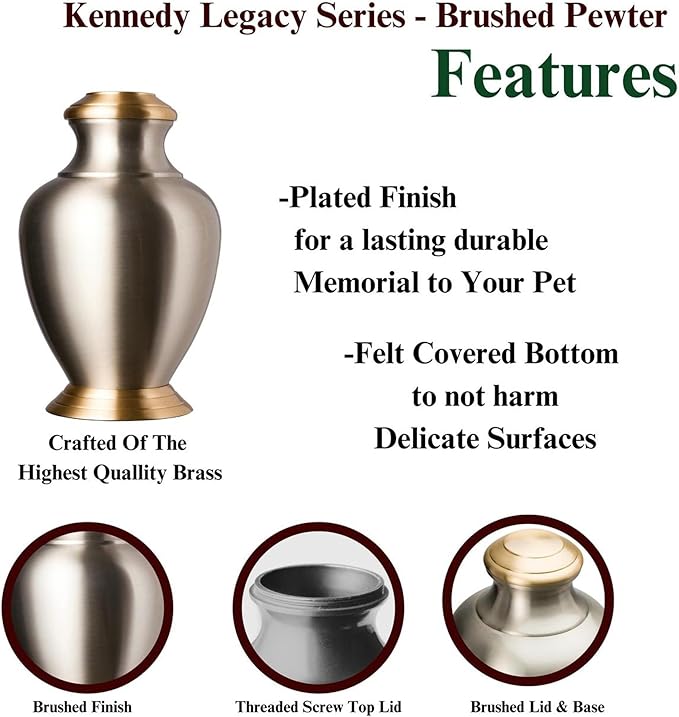 Kennedy Legacy Brushed Pewter Pet Urn, Brushed Brass Lid & Base - Small for Pets up to 30lbs