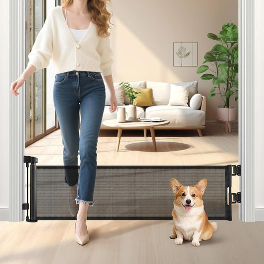 Retractable Short Dog Gate - Small Puppy Mesh Safety Pet to Step Over Gates Doggy Door for Doorways Stairs Kitchen Hallways Indoor, 14" Tall, Extends up to 55" Wide, Black