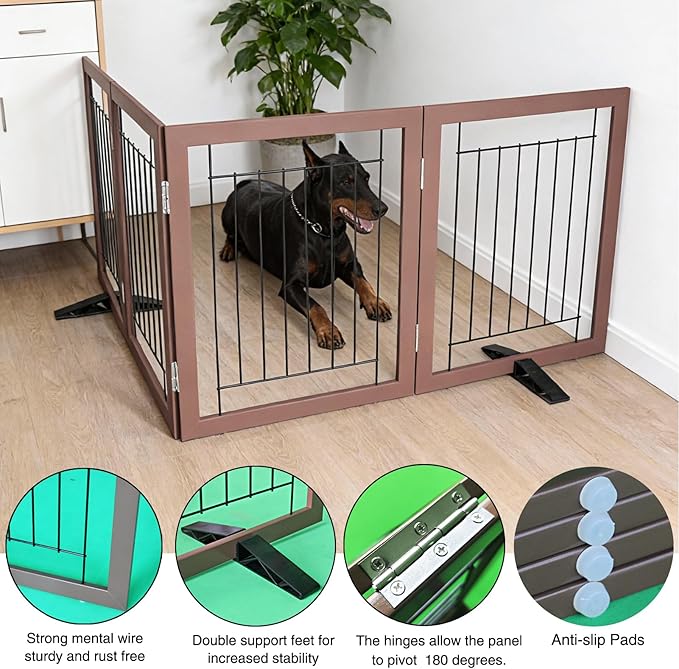 Dog Fence Indoor,Dog Gate Indoor for Doorway pet gate -4-Panel Freestanding, Hallways, House or Stairs -80x24-Inch Retractable Foldable Expandable Wood Pet by SFJC (Brown) ﻿