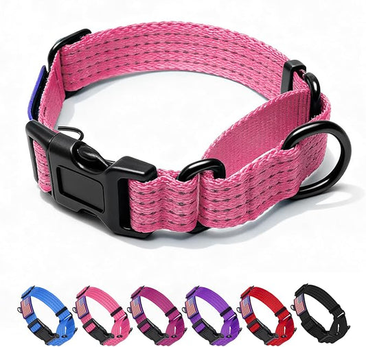 Martingale Dog Collar, Reflective No Pull Training Collar with Quick Release Buckle & USA Flag, Heavy-Duty Nylon, Adjustable for Small Medium Large Dogs (M,Pink with Flag