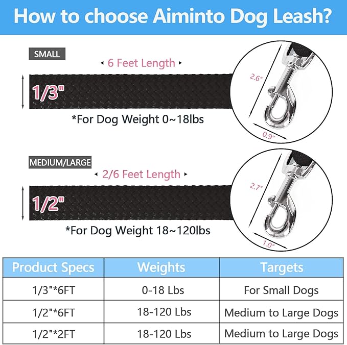 Dog Leash, Braided Rope Traction – Walking Training Lead for Medium/Large Dogs ((1/2") x 2FT, Black)