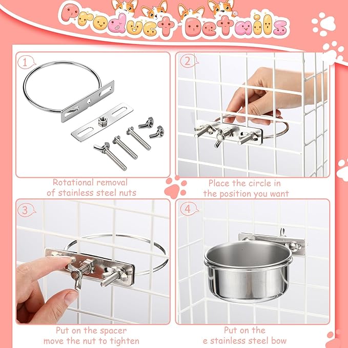 Silkfly 14 Pack Stainless Steel Hanging Dog Crate Bowls, Non-Spill Kennel Food & Water Bowls with Screw Clamp Holders, Removable, Easy to Clean Metal Cage Feeder for Pets(12 oz)