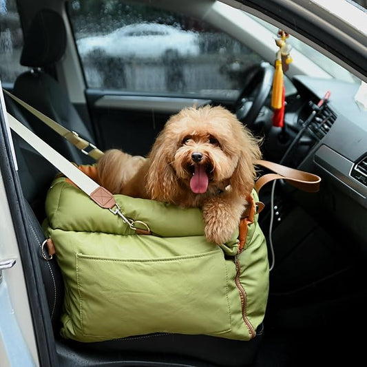 Dog Car Seat for Small & Medium Dogs - 3 in 1 Waterproof Soft Leather Dog Bed for Car with Harness Clip, Travel Bed & Carrier Bag for Pets, Fits Pets Up to 35 lbs (Green, Small & Medium)