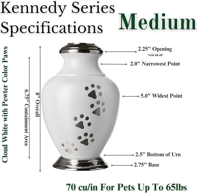 Kennedy Paws Series Pet Urn for Dogs, Handmade Aluminum Memorial Cremation Urn (Medium - Pets up to 65 lbs, Cloud White)