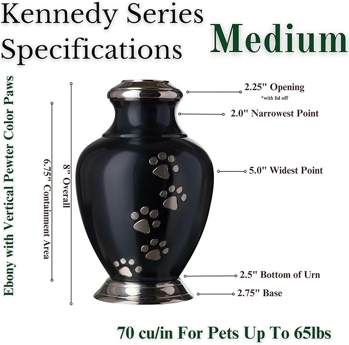 Kennedy Paws Series Pet Urn for Dogs, Handmade Aluminum Memorial Cremation Urn (Medium - Pets up to 65 lbs, Ebony)