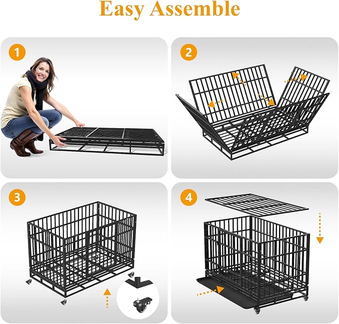 48 Inch Heavy Duty Dog Crates, Escape Proof Dog Cage Large Dogs with Wheels, Indestructible Steel Dog Cage with Upgraded Reinforced Baseplate for High Anxiety Dogs, Dog Kennel Indoor Outdoor