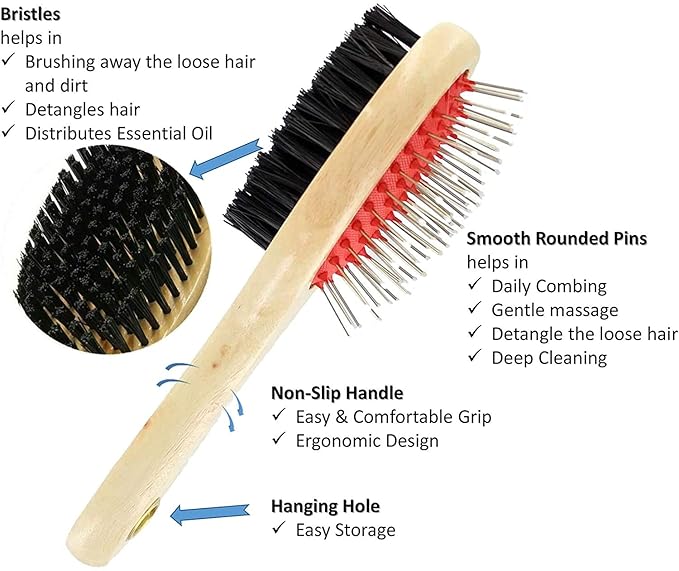 Wooden Dog Brush Double Sided Pet Hair Grooming Brush Dog Pin Brush and Bristle Soft Brush, Dogs Comb and Brush Grooming Tools for Cleaning for Dogs & Cats with Long or Short Hair