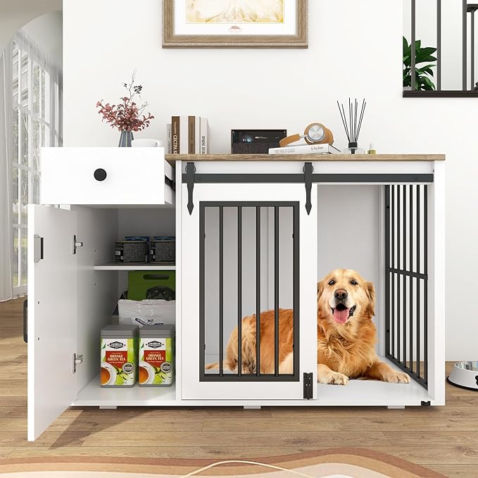 Verano Garden 44" Dog Crate Furniture, Heavy Duty Dog Kennel Indoor, 2-in-1 Furniture-Style Dog Crate with Storage Drawer & Cabinet for Small Medium Dogs, White (44" Left Facing Door)