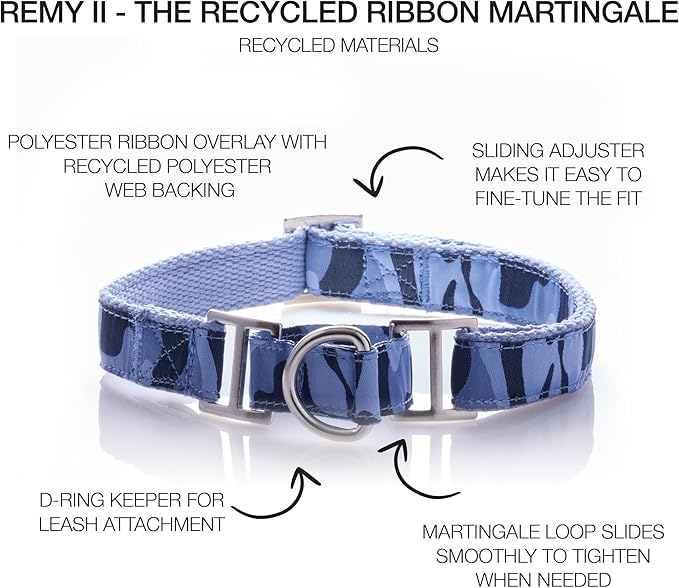 Remy II - The Recycled Ribbon Martingale Adjustable Collar No-Pull Pet Training Collars Dogs, Navy Camo, Large