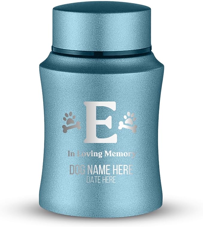 Customized Small Keepsake Urn Personalized Engraved with Pet Name, Date, and Dog Design - 4" Powder Coated Cremation Mini Compact Urn for Dogs Ashes | 5–10 Lbs Capacity | Powder Blue, Dog Bone and Paw