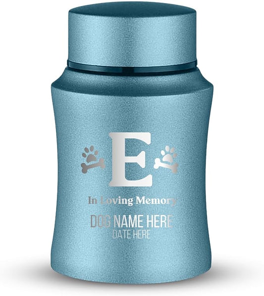 Customized Small Keepsake Urn Personalized Engraved with Pet Name, Date, and Dog Design - 4" Powder Coated Cremation Mini Compact Urn for Dogs Ashes | 5–10 Lbs Capacity | Powder Blue, Dog Bone and Paw
