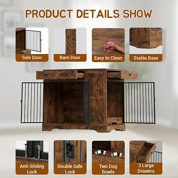43.3" Dog Crate Furniture with Storage, Large Dog Kennel with 3 Drawers & 2 Feeding Bowls, Indoor Decorative Dog Cage for Large/Medium Dogs, Heavy Duty Dog House