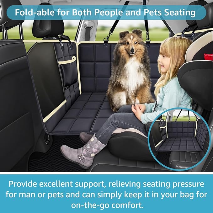 Lassie Back Seat Extender for Dogs Hard Bottom Waterproof Dog Hammock for Car, Heavy Duty Antislip Dog Car Seat Cover for Back Seat, Universal Pet Car Travel for Kids, Dogs (Deep Black, Standard)