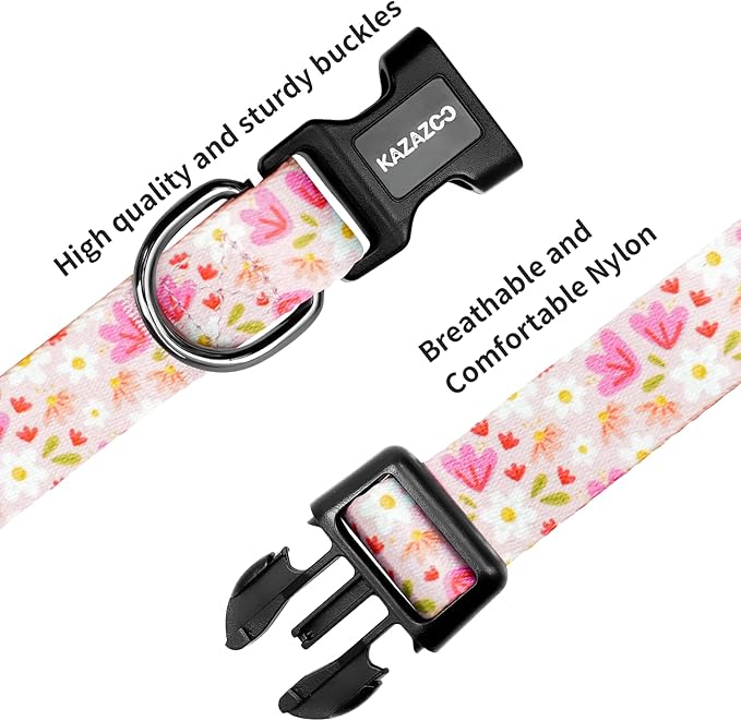 Kazazoo Dog Collar Cute and Soft Nylon Puppy Collar Girl, Adjustable Dog Collars for Small Medium Dogs, Pink Flowers-XS