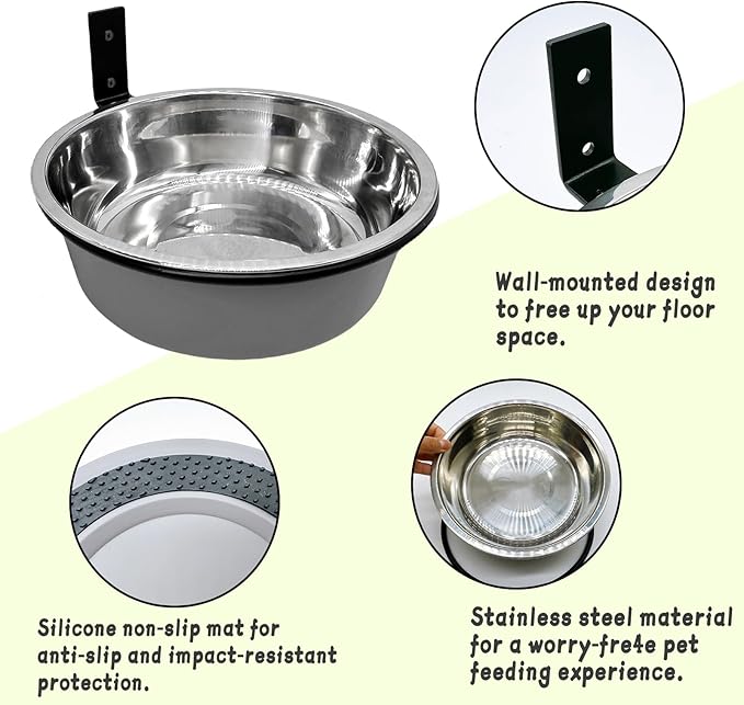 Wall Mounted Dog Bowls-2 * 36 Oz, Stainless-Steel Raised Adjustable Height Dog Food and Water Bowls, Elevated Pet Comfort Feeding Bowl for Medium Large Dogs Cats