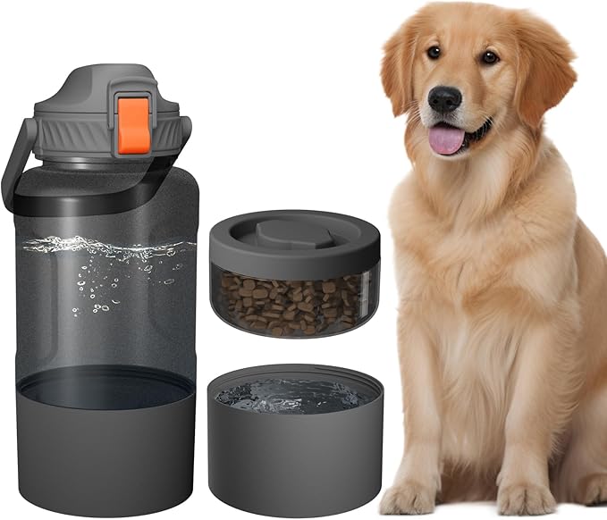53oz Large Dog Water Bottle with Water & Food Bowl, 3-in-1 Portable Pet Feeding & Hydration Dispenser for Large Dogs & Humans, Leak-Proof Tritan Bottle for Hiking, Camping, Walking, Car Trips