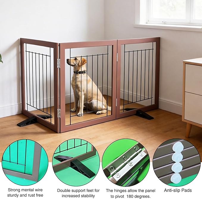 ZJSF Freestanding Dog Gate Indoor, Foldable Dog Fence for Doorways,Hallways or Stairs, Sturdy Wood Extra Wide Pet Gate with Support Feet,Brown,32 "Height-3 Panels