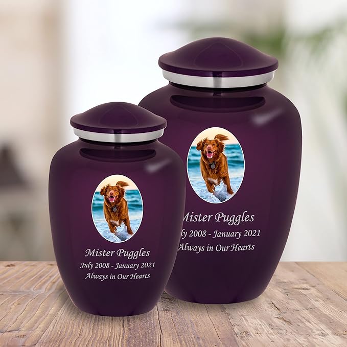 Homage Large Custom Photo Pet Cremation Urn for Pet Ashes - Vase Style Pet Urn - 200 Cubic Inch Capacity -Personalization Included (Amethyst)