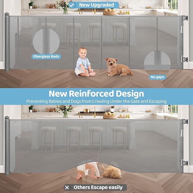 120 Inch Extra Wide Retractable Baby Gate for Large Opening, 33” Tall, Upgraded Dog Gate with Fiberglass Rods for Doorways, Indoor & Outdoor and Stairs, Gray