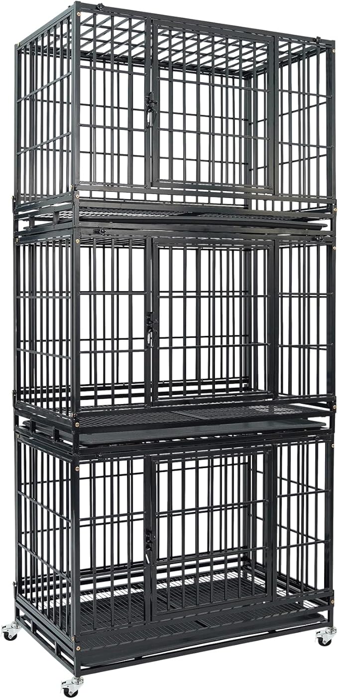 3-Pack 36 inch Stackable Heavy Duty Dog Crate, Metal Escape Proof Dogs Cage Kennel with Lockable Wheels, Removable Tray & Metal Grid, Top Access for High Anxiety Dogs Medium/Small Dogs