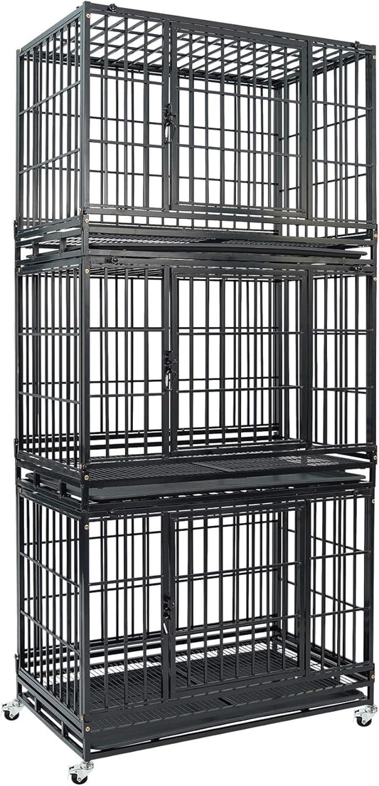 3-Pack 36 inch Stackable Heavy Duty Dog Crate, Metal Escape Proof Dogs Cage Kennel with Lockable Wheels, Removable Tray & Metal Grid, Top Access for High Anxiety Dogs Medium/Small Dogs