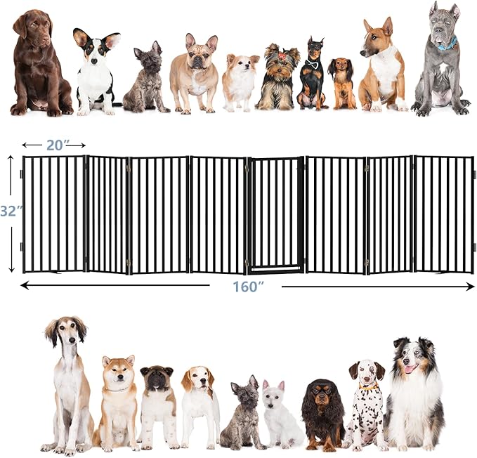 Metal Dog Gate with Door Free Standing for Indoor Use, Freestanding Pet Fence for Stairs and Yard, 32" Tall 8 Panels Black