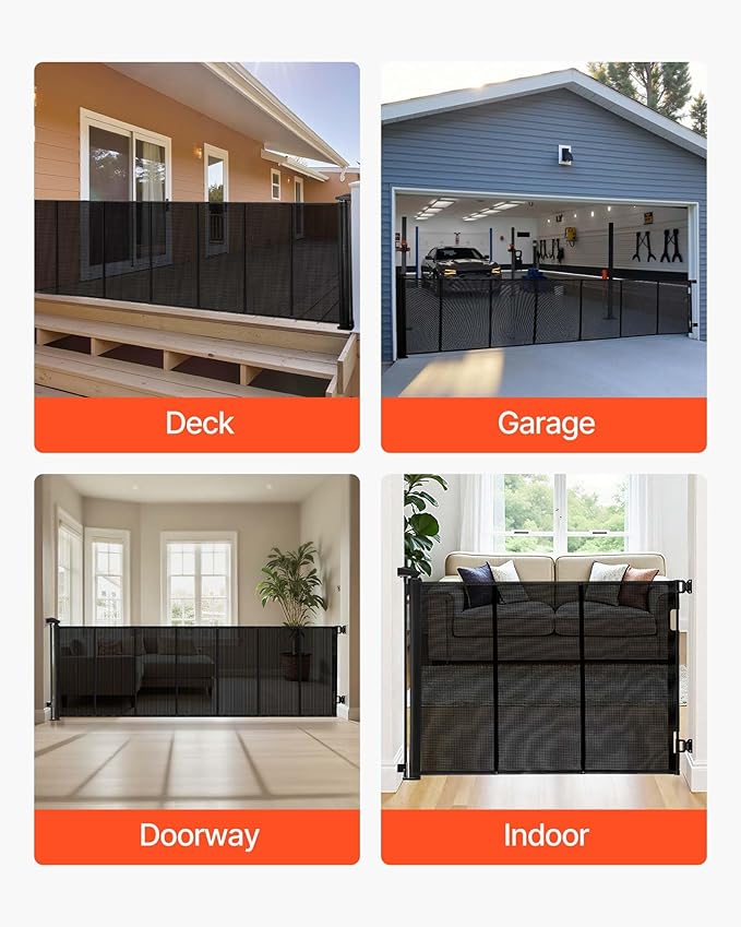 VEVOR Retractable Baby Gate, Extends to 120 inch Extra Wide, 38.5 inch Tall, with Reinforced Fiberglass Strips, Avoids Crawling Through, Mesh Dog Gate for Decks, Doorways, Garages, Indoor, Black