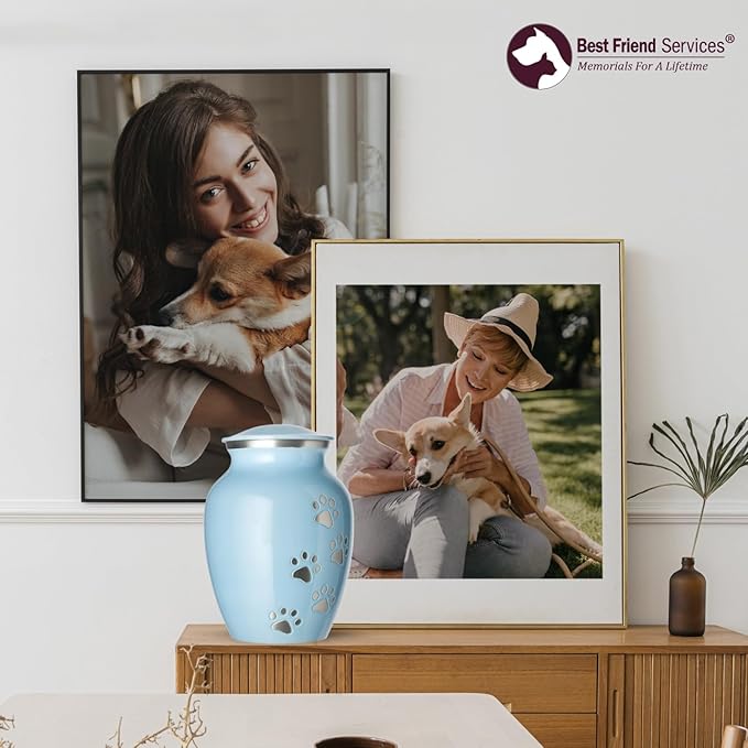 Ottillie Paws Legacy Series Pet Urn for Dogs, Handmade Aluminum Memorial Cremation Urn (X-Large - Pets up to 170 lbs, Baby Blue, Vertical Pewter Paws)