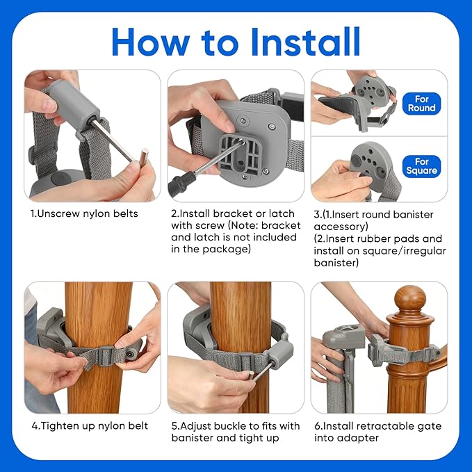 2Pcs Baby Gate Stair Railing Banister Adapter, Fits 1.9-4.72'' Diameter Universal Banisters, Wide Square/Round Railings No-Drilling Mounting Fittings for Retractable Gates,Adjustable Fixed Strap(Gray)