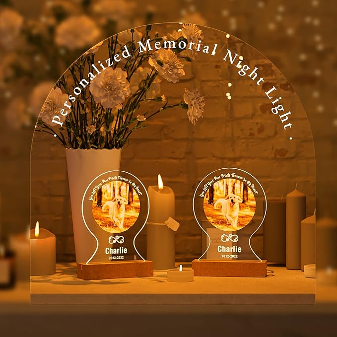 Bemaystar Personalized Dog Memorial Gifts Custom Dog Memorial Night Lights for Grieving Pet Owners, Pet Loss Gifts Cat memorial gifts Loss of Dog Sympathy Gift with Picture Name Date Custom Plaque