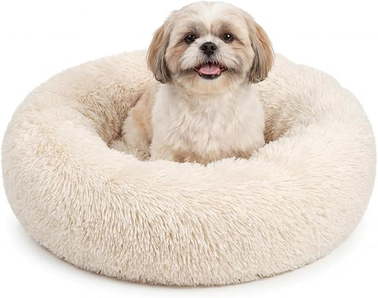 Calming Donut Dogs Beds for Small Dogs Washable,23inch Plush Round Pet Bed for Cozy Sleep,Fluffy Faux Fur Large Cat Bed,Fits up to 25 lbs Pets,Beige