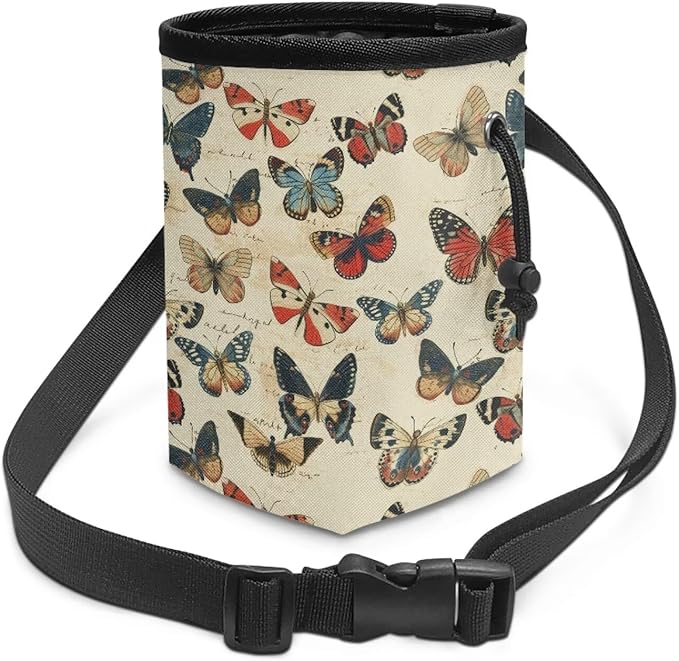 Vintage Butterfly Dog Treat Bag Puppy Training Pouch Animal Walking Snack Container Dog Food Dispenser Pet Feed Snack Reward Pocket for Pet Puppy Travel or Outdoor Use