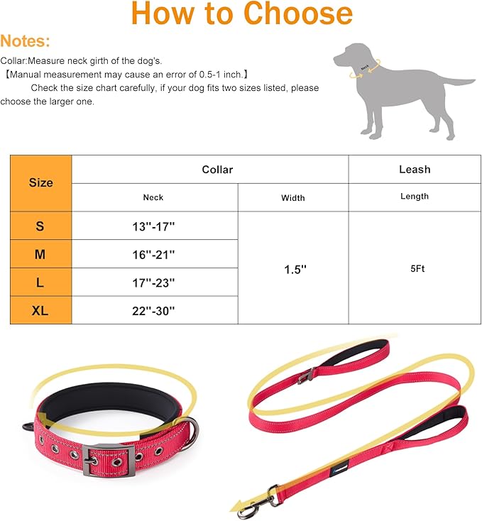 Annchwool Adjustable Dog Collar and 5 FT Leash Set with Heavy Duty Metal Buckle–Comfortable Lining Reflective Collar & Dual-Handles for Small Medium Large Dogs Walking,Running(Red Set,M:17''-23'')