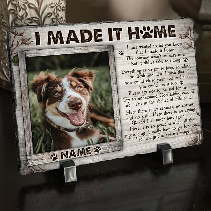 Personalized Rock Plaque: 'I Made It Home' - White Memorial Stone Gifts for Loss of Your Beloved Pet, Sentimental Dog and Cat Grave Markers in Our Hearts, House Decoration