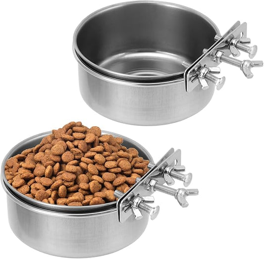 QWORK Kennel Water Bowl, 2 Pcs, Stainless Steel, Rust Resistant, Wide-Mouth Design, Twist On/Off Mounting