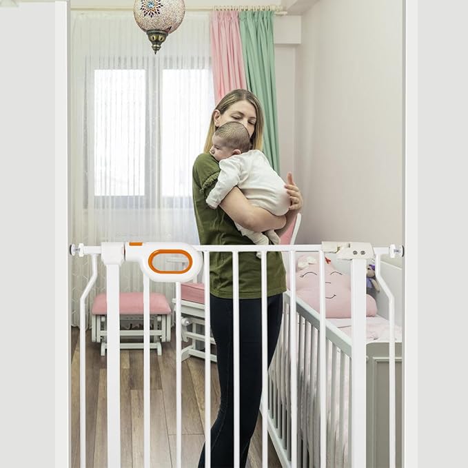 owlie Baby Gate for Stairs 29-33 Inch Wide, Safety House Gate for Baby Pet Gate with Door Pressure Mounting Gates for Kids Toddler Dogs Indoor Stairway Doorway White (30.5'' Tall)