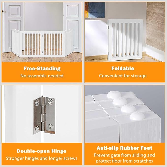 Extra Wide Dog Gate 82 x 24 Inch Freestanding Indoor Pet Door for House Doorways Stairs Halls, Foldable Wood Safety Fence 4 Panels, White
