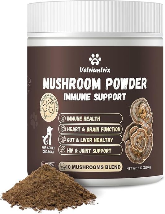 Turkey Tail Mushroom Powder for Dogs, Organic 10 Mushroom Blend for Lipoma Lumps and Bumps, Dog & Cat Herbal Supplements Probiotic with 50% β-Glucan, Joint Gut Immune Skin Support - 60g