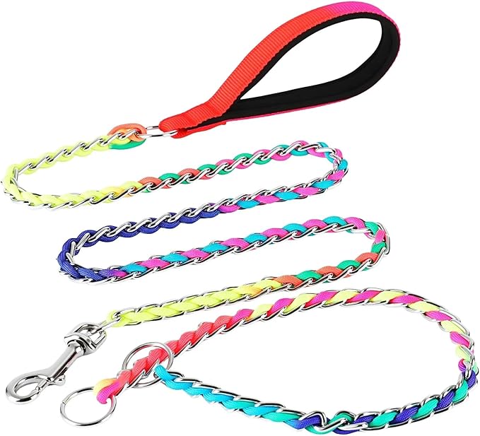 Chew Proof Metal Dog Leash with Built-in P-Chain Collar - 2FT/4FT for Small/Medium/Large Dogs (30-150lb), Anti-Bite Chain Link with Soft Padded Handle, 360° Rotating Clasp Colorful