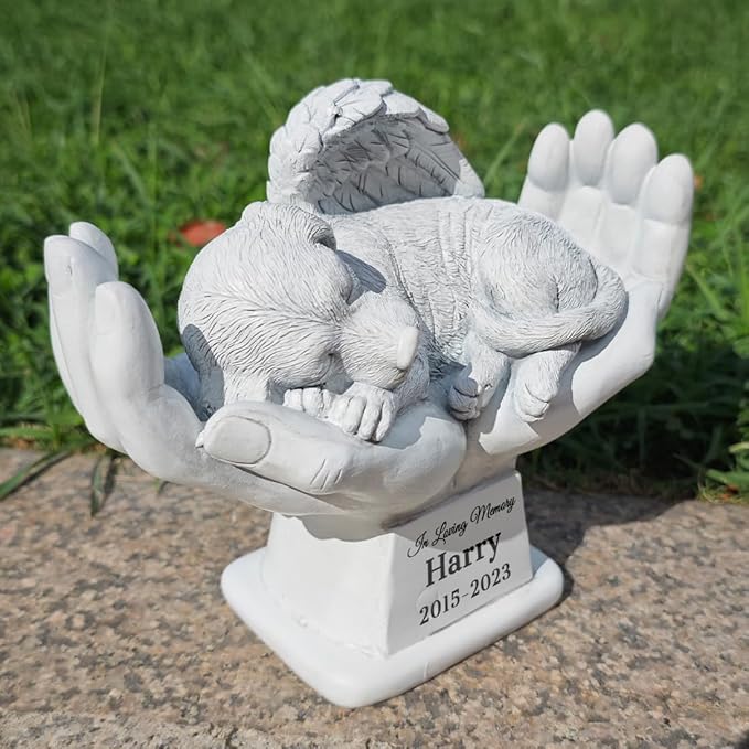 Personalized Pet Dog Grave Markers Angel Dog Statue Memorial Stone Sleeping in God's Hands, Dog Pet Headstone Garden Tombstone，in Loving Memory of A Pet Lost Dog Gifts (A)