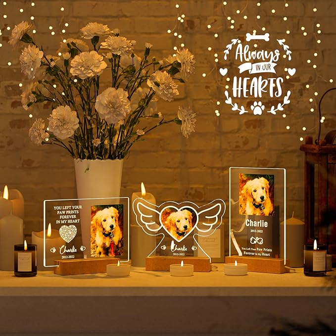 Bemaystar Personalized Dog Memorial Gifts Custom Photo Night Lights Pet Loss Gifts Dog Memorial Plaque Cat Memorial Photo Frame Sympathy Gifts with Picture Name Date