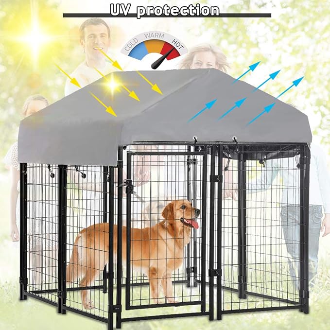 Dog Crate Dog Kennel Cage Outdoor Welded Wire Dog Playpen Heavy Duty Pet Exercise Pen with UV Protection Waterproof Cover and Roof Galvanized Metal Animal Kennel for Large Dogs, Black
