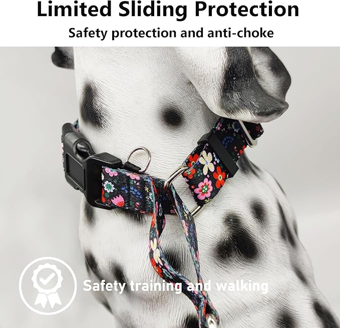 Martingale Dog Collar with Buckle Adjustable Nylon Limited Slip Training Floral Dog Collars (Black Pink Red, Large)