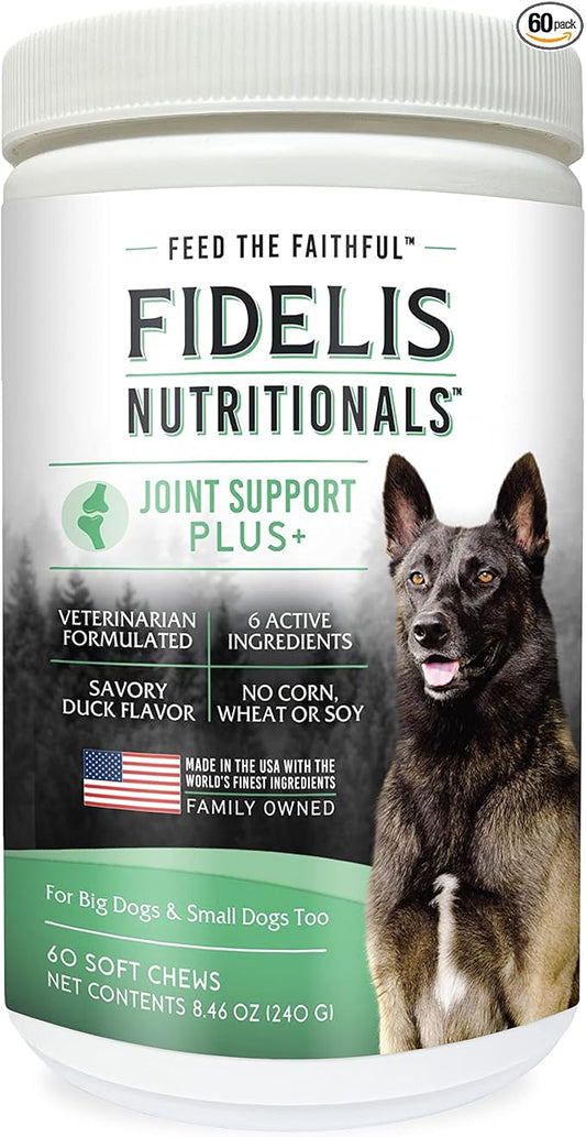 FIDELIS Joint Support Plus+ Hip & Joint Supplement for Dogs, Glucosamine for Dogs, Chondroitin Dog Treats, Vitamin C, Omega Fatty Acid, MSM, Adult, Big & Small, Made in USA, Duck Flavor, 60 Soft Chews