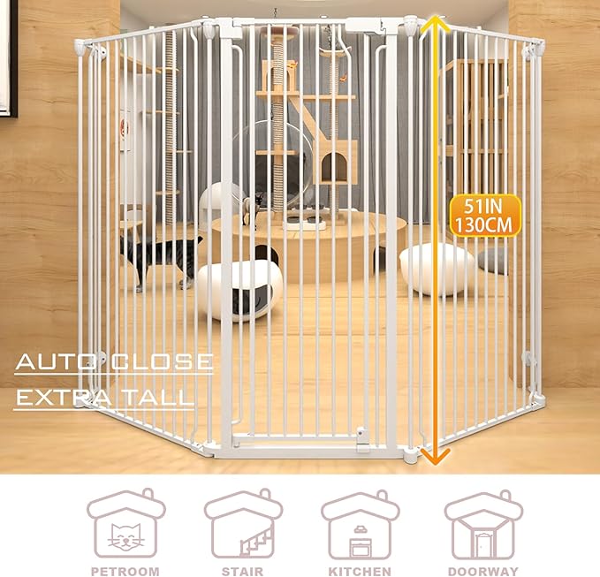 51" Extra Tall Cat Gate for Cats – 57.4" to 81" Extra Wide Cat Gate for Doorway,Auto Close 3-Panel Durable Pet Gate Indoor Use, Metal Dog Gate for Kitchens, Doorways & Stairs (White)